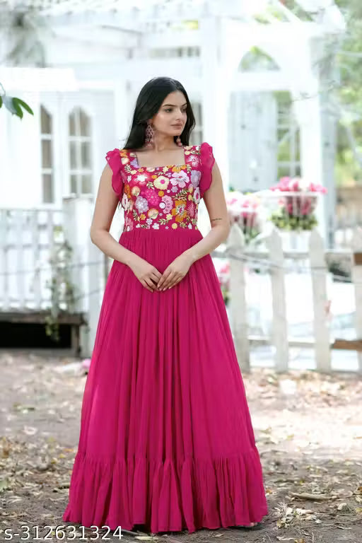 Tilton Women's Pink Faux Georgette With Sequins Multithreaded Embroidered Gown