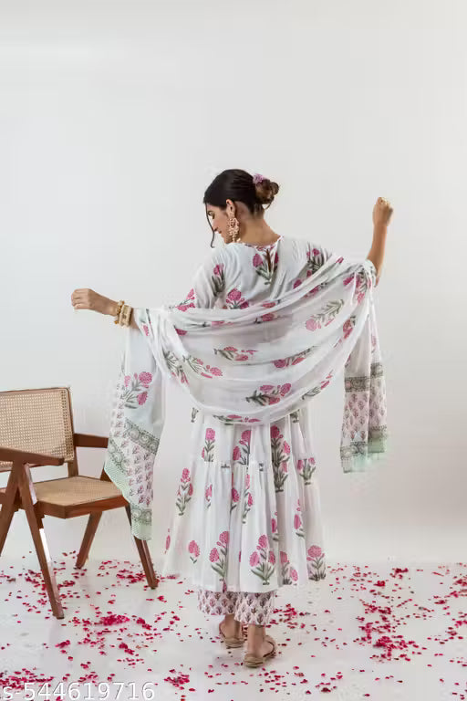 Navyanshi Women White Pink Cotton Printed Kurti & Palazzo With Dupatta