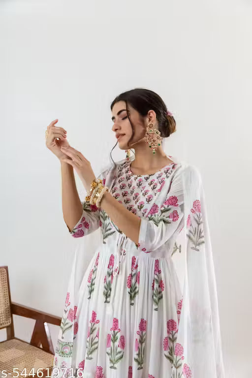 Navyanshi Women White Pink Cotton Printed Kurti & Palazzo With Dupatta
