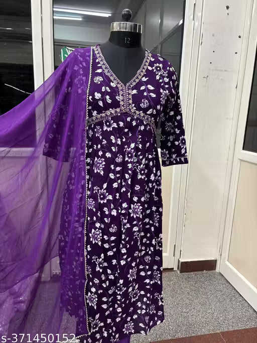 Womens Beautiful Rayon Aliya Cut Embroidered Kurti With Pant and Dupatta Set