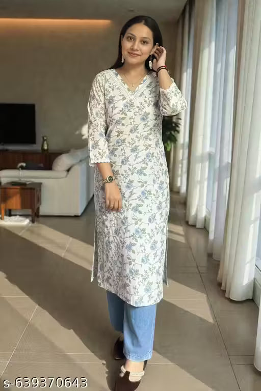 Soft Cotton Everyday Wear Floral Print A-Line Kurta