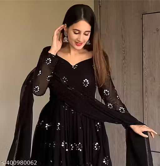 Women Embroidered Georgette Anarkali Gown With Dupatta Set