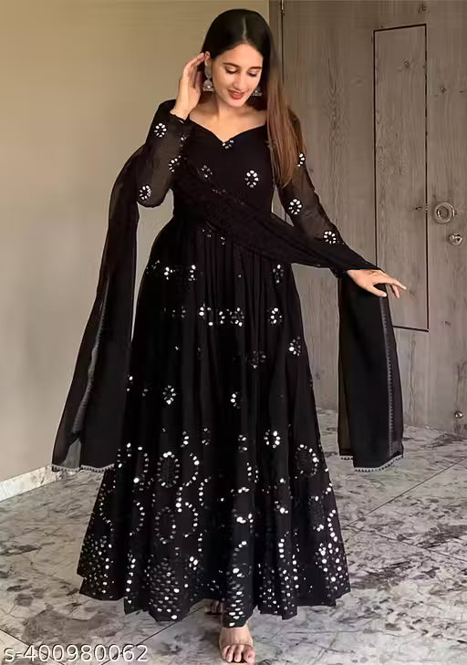 Women Embroidered Georgette Anarkali Gown With Dupatta Set