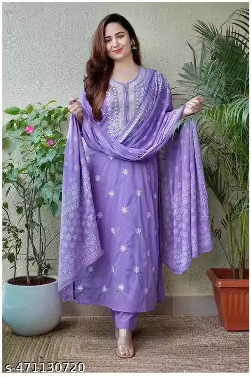 A Trending Women's Lavender Embroidered Cotton Kurta Set with Dupatta, Pastel Purple Straight Fit Kurti Pant Set with Heavy Embroidered Dupatta, Elegant Mauve Chikankari Style Cotton Salwar Suit Set for Women (Pack of 3)