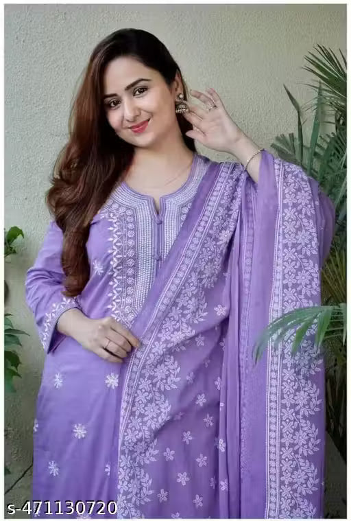 A Trending Women's Lavender Embroidered Cotton Kurta Set with Dupatta, Pastel Purple Straight Fit Kurti Pant Set with Heavy Embroidered Dupatta, Elegant Mauve Chikankari Style Cotton Salwar Suit Set for Women (Pack of 3)