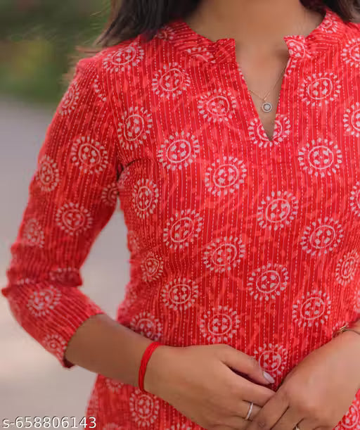 MOUSAM RED COTTON BLEND STRAIGHT KURTI FOR WOMEN