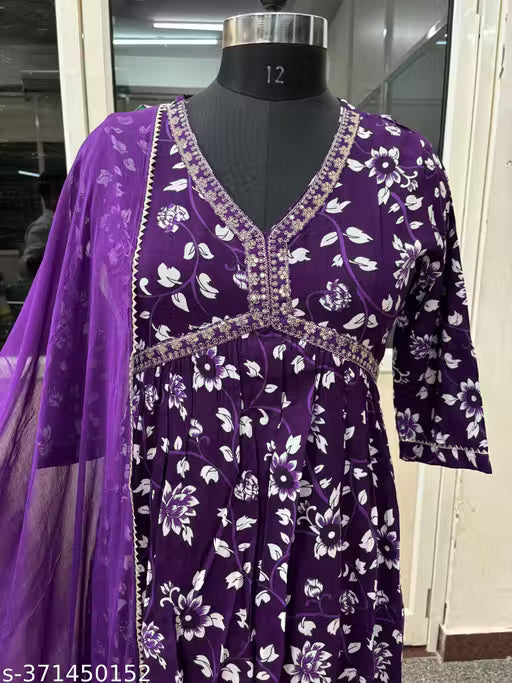 Womens Beautiful Rayon Aliya Cut Embroidered Kurti With Pant and Dupatta Set