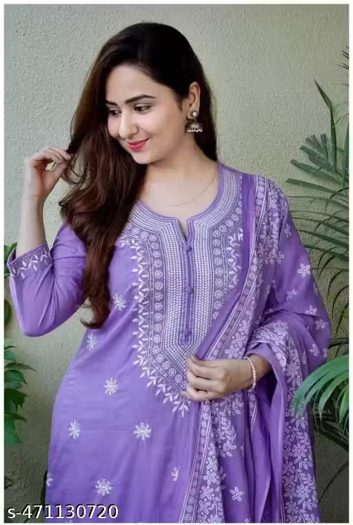 A Trending Women's Lavender Embroidered Cotton Kurta Set with Dupatta, Pastel Purple Straight Fit Kurti Pant Set with Heavy Embroidered Dupatta, Elegant Mauve Chikankari Style Cotton Salwar Suit Set for Women (Pack of 3)