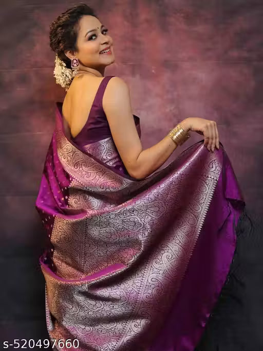 Trendy Jacquard Zari Woven Litchi Silk Traditional Soft Banarasi Saree for Woman with Unstitched Running Blouse