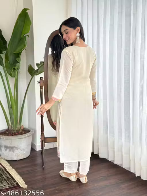 RIVA New Desiner Embrodred Latest Fashion Cream Color Kurti With Bottom Or Dupatta Set