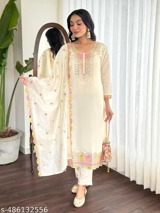 RIVA New Desiner Embrodred Latest Fashion Cream Color Kurti With Bottom Or Dupatta Set