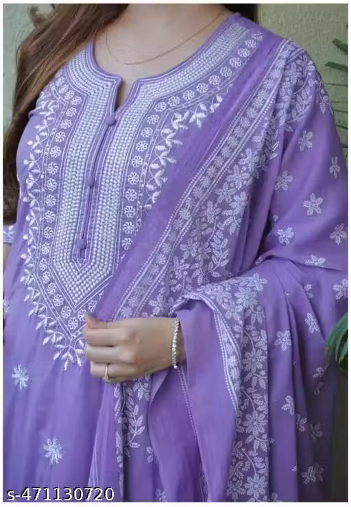 A Trending Women's Lavender Embroidered Cotton Kurta Set with Dupatta, Pastel Purple Straight Fit Kurti Pant Set with Heavy Embroidered Dupatta, Elegant Mauve Chikankari Style Cotton Salwar Suit Set for Women (Pack of 3)