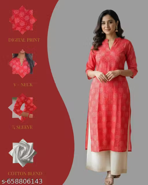 MOUSAM RED COTTON BLEND STRAIGHT KURTI FOR WOMEN
