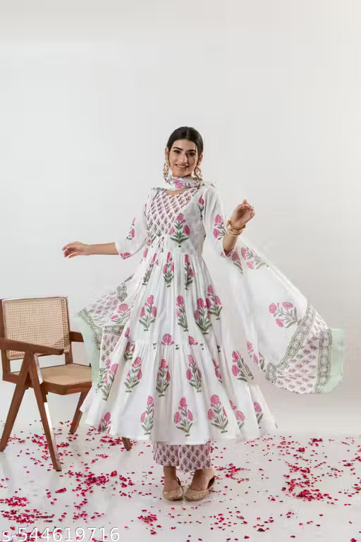 Navyanshi Women White Pink Cotton Printed Kurti & Palazzo With Dupatta