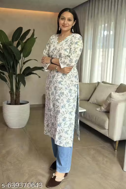 Soft Cotton Everyday Wear Floral Print A-Line Kurta