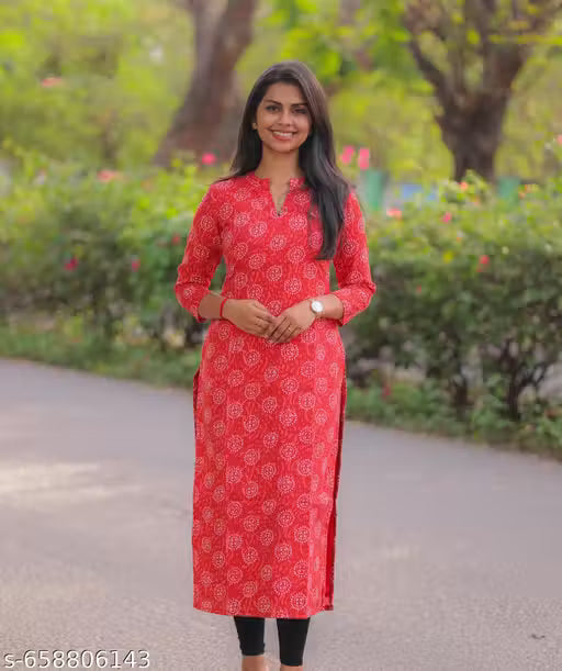 MOUSAM RED COTTON BLEND STRAIGHT KURTI FOR WOMEN
