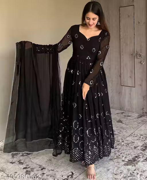 Women Embroidered Georgette Anarkali Gown With Dupatta Set